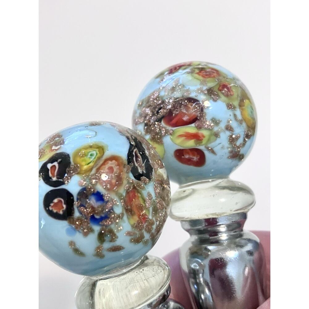 Murano Millefiori Art Glass Bottle Stopper Set Of 2 Round Confetti Light Blue